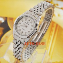 Luxury Silver Dial Crystal Lady S/steel Band Quartz Wrist Watch Holiday Gift