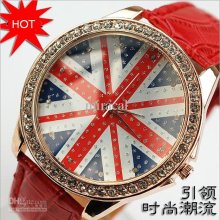 Luxury Union Jack Crystal Diamonds Dial Wide Band Fashion Wristwatch