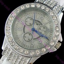 Luxury Women Leather Manmade Crystal Diamond Quartz Ladies Wristwatch Rare White