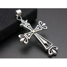 Men Black Stainless Steel Vintage Fleur De Lis Christian Cross Pendant Necklace