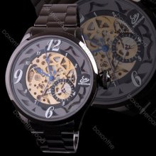 Men Titanium Stainless Steel Leather Skeleton Auto Mechanical Watch 5 Colors