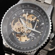 Men's Automatical Mechanical Watch Silver Alloy Black Face Daily Water Resisant