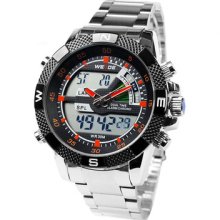 Mens Boys Chronograph Waterproof Orange Dial Stainless Steel Sport Watch Ff