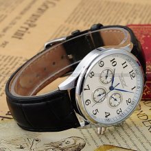 Mens Classic White/black Automatic Mechanical Leather Sport Military Gift Watch