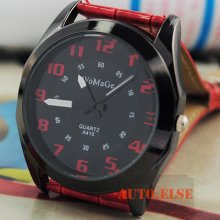 Men's Cool Black Dial Red Leather Band Quartz Wrist Watch Arabic No. Latest