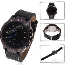 Men's Fashion Quartz Wrist Watch Black Round Shaped Dial Black Leath