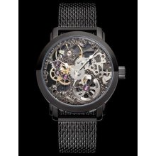 Mens Hand Winding Skeleton Black Stainless Steel Wrist Watch Nhkalabbb2