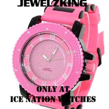 Men's Ice Nation/pave Master Iced Out Pink/black Hip Hop Silicone Band Watch