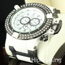 Mens Iced Out Hip Hop White Crystal 50 Cents Bling Boys Watch Sporty Silicone