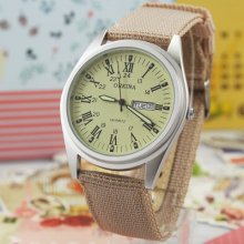 Mens Light Yellow Face Mens Quartz Watch Date/day Luminous Fabric Band