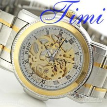 Mens New Automatic Watches Golden Skeleton Full Steel