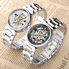 Mens Roman Numeral Skeleton Mechanical Automatic Analog Steel Band Wrist Watch