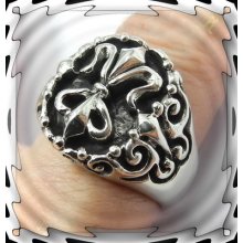 Men's Signet Ring, Classic Fleur De Lis, Silver Brass, Size 1