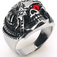 Mens Stainless Steel Red Eye Cz Skull Pirate Cool Ring Xmas Gift Size Us7-15