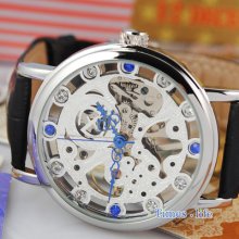 Mens Utralthin Hand Winding Wrist Watch Mechanical Silver Skeleton Blue Crystal