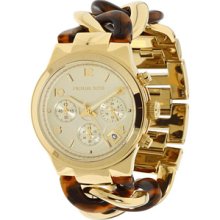 Michael Kors Multi Mid-Size Yellow Gold Tone Stainless Steel and Tortoise Acetate Runway Watch