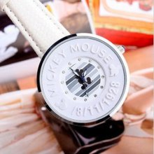 Mickey Mouse Wristwatch Crystal Dial Stripes Face Leather Band Ladies Watch 1298