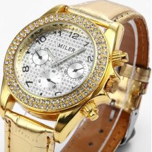 Miler Casual Gold Leather Lady Women Crystal Analog Quartz Wrist Watch Bracelet