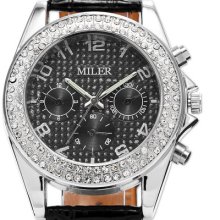 Miler Crystal Lady Women Black Dial Bracelet Leather Quartz Watch Dailyetrade