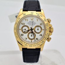 Mint Conditon Rolex Daytona 18k Gold Watch With Black Leather Band 16518