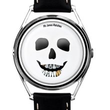 Mr Jones Unisex The Last Laugh Stainless Watch - Black Leather Strap - White Dial - 25-P4