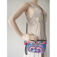 Multi Bird Embroidered Cross Over Bag Handmade Leather Long Strap In Thailand