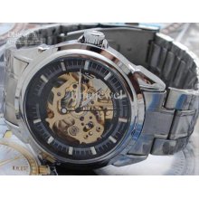 N8024 Mens Luxury Wristwatch Black Dial Stainless Bezel Mens Skeleto