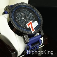 Navy Blue Icy Bullet Band Colorful Lights Hip Hop Man Watch Analog Round Dial