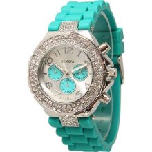 NEW Aqua Silicone Matching Band/Dial With Rhinestones CZ Bling Silver Tone Watch