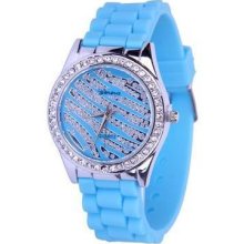 NEW GENEVA Teal Zebra Silicone Rhinestone Watch - With Silver plated Bezel