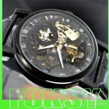 New Style Mens Automatic Mechanical Wrist Watch Black Leather By Fok