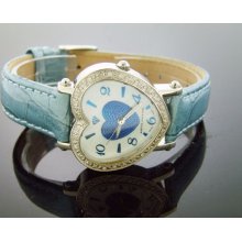 New! Swiss Aqua Master Lady Blue Heart 0.50 Ct Diamonds White Face Watch