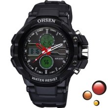 Ohsen Mens Wrist Watches Led Quartz Dual Display Watch Black Dial Rubber Band