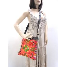 Orange Floral Cross Body Bag Adjustable Strap Genuine Leather Hmong In Thailand