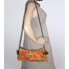 Orange Flowers Cross-body Bag Hill Tribe Thailand Fair Trade Handmade Pom Pom