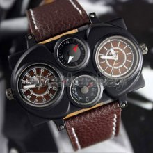 Oulm Military Army Dual Time Zones Movements Watch Two Dial Leather Sports Mens