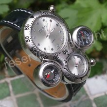 Oulm Military Army Dual Time Zone Movements Quartz Watch Leather Boy Sports Mens