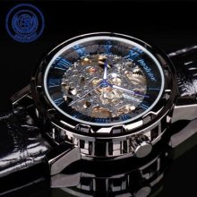 Pacifistor Semi-automatic Mechanical Skeleton Mens Wrist Watch Leather Elegant