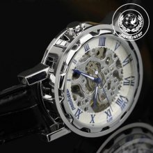 Pasifistor Luxury Mens Skeleton Mechanical Black Leather Strap Wrist Watch