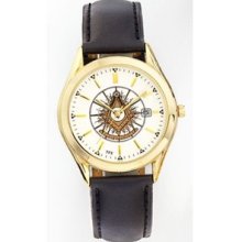 Past Master Watches - Men's Gold Tone Leather Strap Masonic