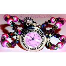 Pearlized Purple Geneva Watch w/Amethyst & Olivine Swarovski Crystals and Sterling Silver Daisy Spacers