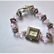 Pink Crystal Watch/Bracelet, Smokey Beads, Square Face. Antique Looking, Slver Tone, Mother's Day Sale