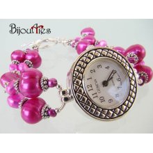 Pink, Fuchsia Freshwater Pearls bracelet Watch, Bali Silver, Womens Geneva Watch, beaded watch band