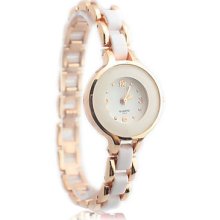 Plated Women's Gold Metal Band Analog Quartz Wrist Watch With Acrylic Decorated Round Dial