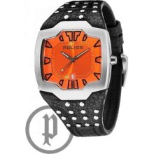 Police Men's Beast, Orange Dial, Black Leather Strap 13634JS/17 Watch