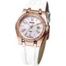 Pulsar Ladies Rose Gold Plated Case White leather Strap PXT668X1 Watch