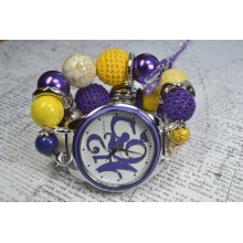 Purple and Yellow- Beaded Interchangeable Watch Band and Watch Face Included