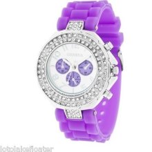 Purple Silicone Matching Band/Dial With Rhinestones CZ Bling Silver Tone Watch