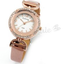 Quartz Movement Rhinestone Round Dial Wrist Watch Wristwatch Leather Watchband