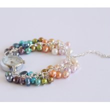 Rainbow freshwater pearls beaded watch bracelet, June Birthstone bracelet watch.